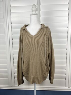 Have V-Neck Hooded Ribbed Sweater in Taupe Size L Cozy Lounge Minimalist